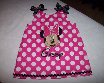 Pink Minnie Dot Minnie Mouse Face Applique Monogram A-line Dress