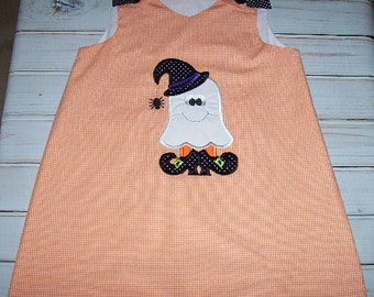 Ghost Witch Applique Orange Gingham Monogram Dress - Halloween - Trick or Treat- Fall