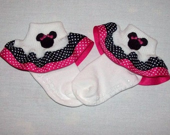 Minnie Mouse Applique Black Swiss Dot and Shocking Pink Swiss Dot Double Ruffle Ribbon Socks