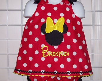 Red Polka Dot Minnie Mouse with Yellow BOW Applique and Monogram A-line Top with Bloomers Set 3 mo 6 mo 9 mo 12 mo 18 mo 24 mo 2T 3T 4T 5T
