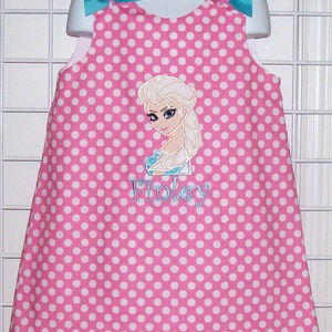 Elsa Snow Queen from Frozen Applique Monogram Pink Polka Dot A-line Dress