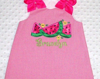 Hot Pink Watermelon Applique Hot Pink Gingham A-line Dress with Monogram Included - Watermelon Pageant - birthday party