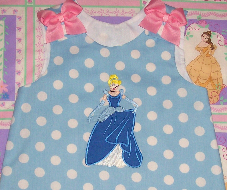 Princess Cinderella wearing Ball Gown Applique Monogram Blue Polka Dot A-line Dress Princess Cinderella birthday party dress Vacation dress