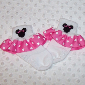 Miss Mouse with Little Bows Applique Hot Pink Polka Dot Ruffle Ribbon Socks