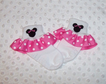 Miss Mouse with Little Bows Applique Hot Pink Polka Dot Ruffle Ribbon Socks