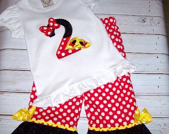 Minnie Magical Number Applique Monogram Initial with Bow and Shoes Ruffle T-shirt with Shorts Pants OR Capris