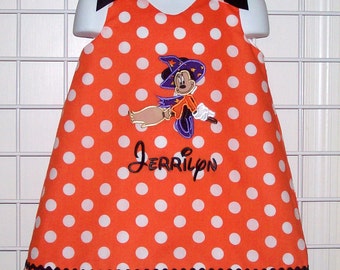 Orange Polka Dot Minnie Mouse WITCH Applique with Monogram A-line Dress