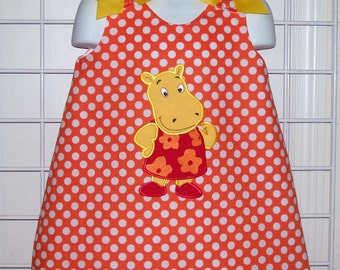 Orange Polka Dot Hippo Applique Dress - kindergarten dress - pre-k dress - birthday party dress