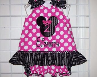 Hot Pink Dot Minnie Mouse Number Applique and Monogram Black and White Dot Ruffle Top Bloomers - birthday party dress - vacation outfit