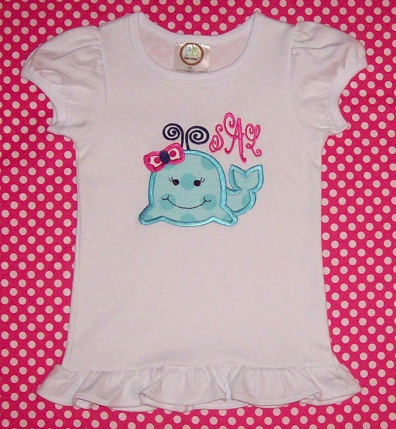 pool party beach Cute Girl Whale Applique Monogram Ruffle Style Short or Long Sleeve T-shirt school birthday party