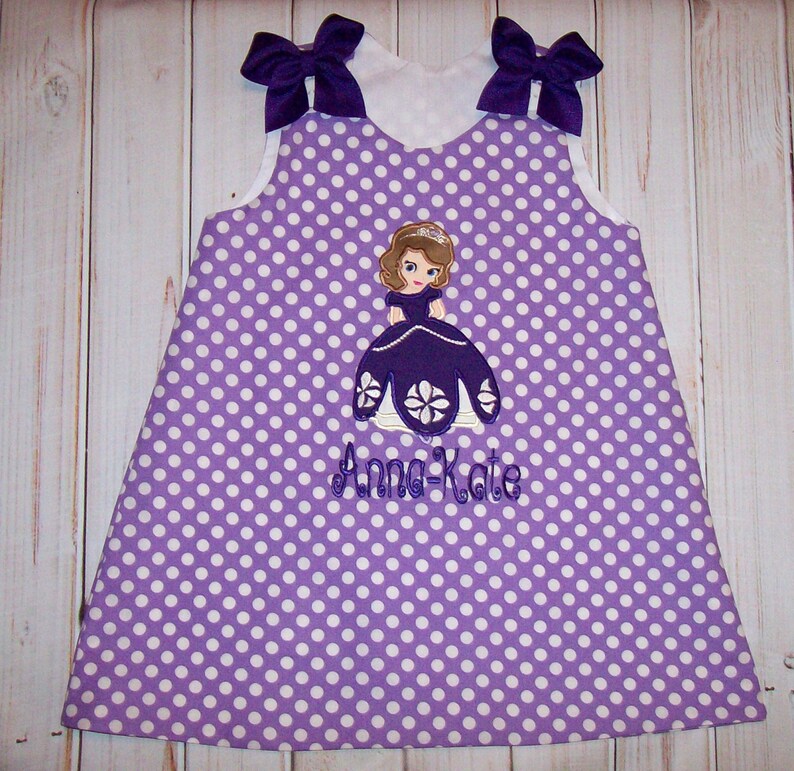 Vacation School Purple Lavender Polka Dot Sofia Applique Monogram Birthday Party A-line Dress Sophia First Princess toddler girl