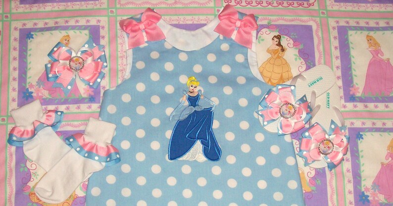 Princess Cinderella wearing Ball Gown Applique Monogram Blue Polka Dot A-line Dress Princess Cinderella birthday party dress Vacation dress