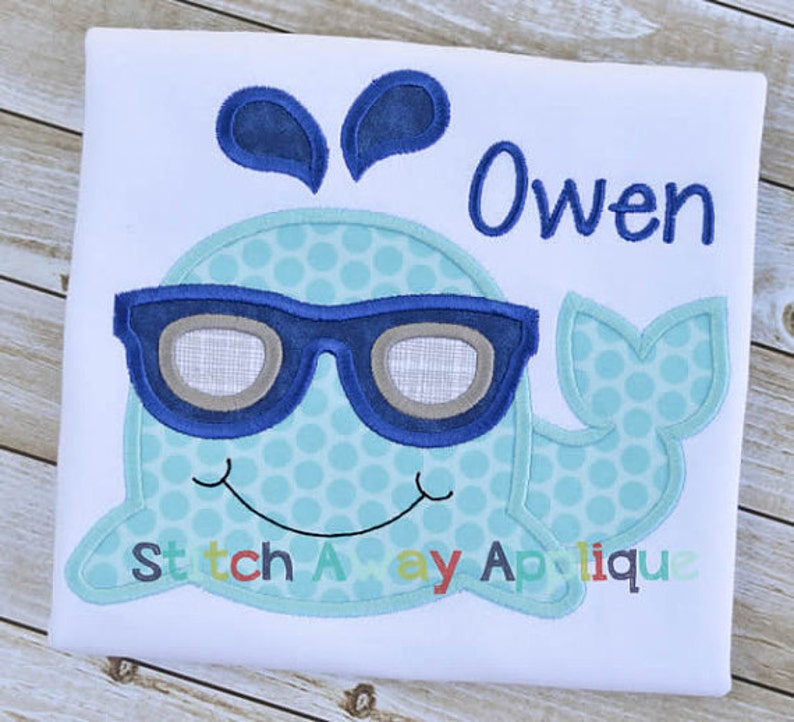 boy beach vacation summer shirt school t-shirt fish birthday party Whale with Sunglasses Applique bodysuit OR T-shirt you choose