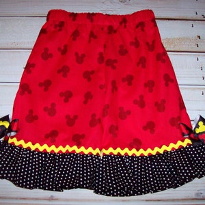 Red Mickey Minnie Mouse Pants or Capri or Shorts with Black with Tiny White Dots Ruffle with Yellow Trim