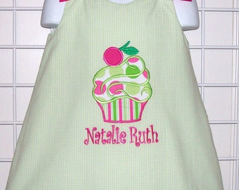 Cherry Polka Dot CUPCAKE Applique Light Green Seersucker PARTY Birthday Monogram A-line Dress