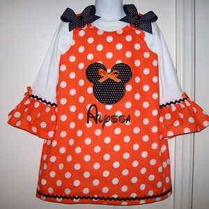 Orange Polka Dot Minnie Mouse Applique with Monogram A-line Dress + Ruffled Sleeve T-shirt