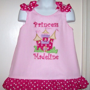 Princess CASTLE Applique Monogram Pink Gingham A-line Dress with Hot Pink Polka Dot Ruffle