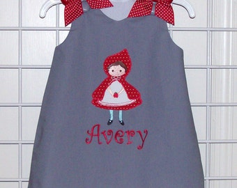 Little Girl wearing Red Cape Applique Gray Jumper Dress - Birthday Party Dress