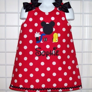 Red Minnie Polka Dot Mickey Mouse Clubhouse Applique Monogram A-line Dress