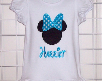 Minnie Mouse with Turquoise Polka Dot Bow Applique Ruffle Style Short or Long Sleeve T-shirt - birthday party - toddler girl - vacation