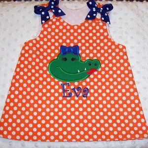 Girly Gator Alligator Applique Orange Polka Dot with Blue Dot Bows A-line Dress Football Cheerleader Game Day image 2