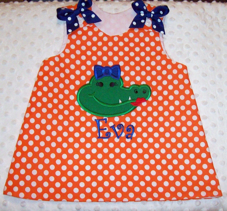 Girly Gator Alligator Applique Orange Polka Dot with Blue Dot Bows A-line Dress Football Cheerleader Game Day image 2