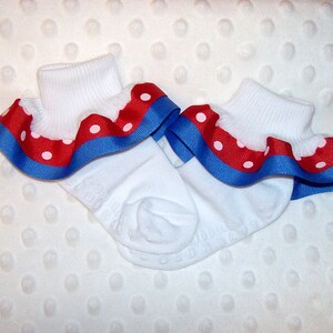 Red Polka Dot and Capri Blue Double Ruffle Ribbon Socks