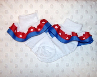 Red Polka Dot and Capri Blue Double Ruffle Ribbon Socks