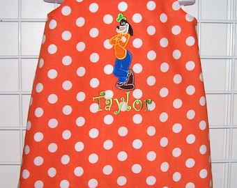 Orange Polka Dot Goofy Applique Monogram A-line Dress