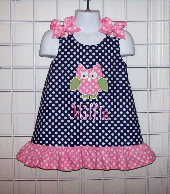 navy dress with pink polka dots