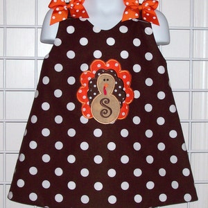 Ruffled Sleeve T-shirt and Chocolate Brown Polka Dot Thanksgiving FALL Turkey Applique with Monogram Initial Dress image 2