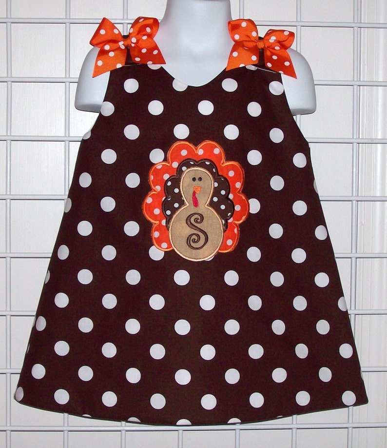 Ruffled Sleeve T-shirt and Chocolate Brown Polka Dot Thanksgiving FALL Turkey Applique with Monogram Initial Dress image 2