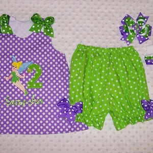 Purple and Lime Green Polka Dot Tinkerbell FAIRY Applique Number Age Monogram Birthday Party Dress or Bloomers Shorties Set