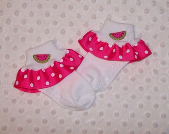 Hot Pink Watermelon Slice Applique Hot Pink Polka Dot Ruffled Ribbon Socks Watermelon Pageant Socks