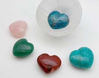 genuine gemstone heart, for altar, mindfulness, meditation, rose quartz, apatite, amazonite, red jasper, green aventurine