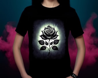 May include: Black t-shirt featuring a graphic of a black and white rose on a textured background.