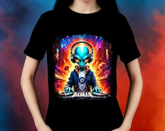 Maglietta grafica Cosmic Alien DJ: maglietta da festival musicale