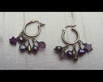 Amethyst and Purple Freshwater Pearl Hoop Earrings Swirly Girls