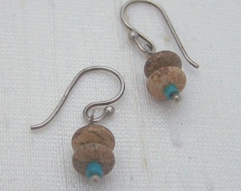 Brown Tan Picture Jasper and Turquoise Earrings Swirly Girls