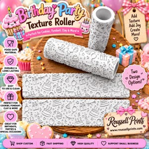 May include: Two white cylindrical texture rollers featuring embossed birthday patterns including cakes, balloons, gift boxes, and party hats. The rollers are designed for imprinting designs into cookies, fondant, or clay, and include text labels.
