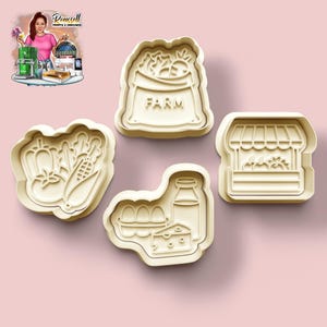 May include: Four beige-colored cookie cutters in a farm theme. The cutters include a bag of produce with the word "FARM", a vegetable arrangement, a market stand, and a carton of eggs with a milk bottle and cheese.