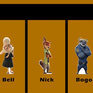 Puede incluir: Una ilustraci&oacute;n digital de tres personajes de la pel&iacute;cula animada Zootopia. Los personajes son Bell, Nick y Bogo. Bell es una oveja con un abrigo blanco y un lazo rosa. Nick es un zorro con pelaje naranja y una corbata azul. Bogo es un b&uacute;falo con pelaje marr&oacute;n y un uniforme de polic&iacute;a azul.