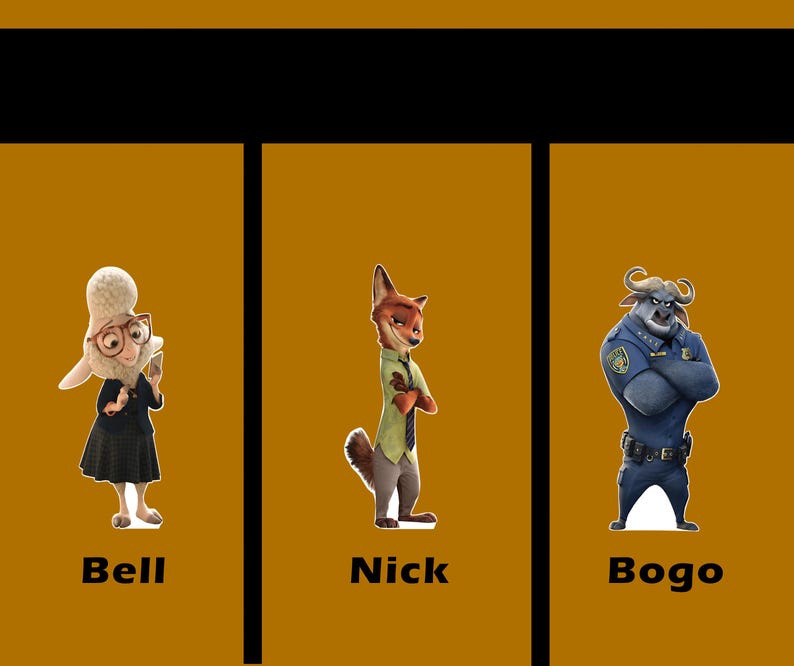 Puede incluir: Una ilustraci&oacute;n digital de tres personajes de la pel&iacute;cula animada Zootopia. Los personajes son Bell, Nick y Bogo. Bell es una oveja con un abrigo blanco y un lazo rosa. Nick es un zorro con pelaje naranja y una corbata azul. Bogo es un b&uacute;falo con pelaje marr&oacute;n y un uniforme de polic&iacute;a azul.