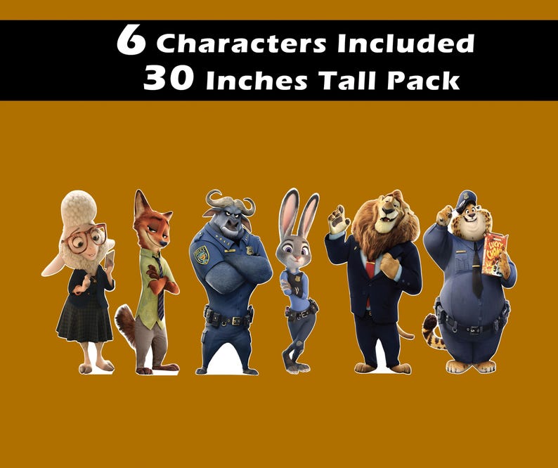 Puede incluir: Seis personajes de cart&oacute;n de 76 cm de alto de la pel&iacute;cula animada Zootopia. Los personajes incluyen a Judy Hopps, Nick Wilde, el jefe Bogo, Flash, Mr. Big y Clawhauser.