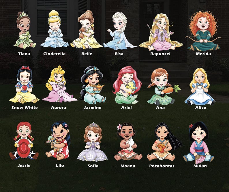 Pode incluir: Uma cole&ccedil;&atilde;o de 16 ilustra&ccedil;&otilde;es de desenhos animados de princesas da Disney, cada uma em posi&ccedil;&atilde;o sentada. As princesas s&atilde;o Tiana, Cinderela, Bela, Elsa, Rapunzel, Merida, Branca de Neve, Aurora, Jasmine, Ariel, Ana, Alice, Jessie, Lilo, Sofia, Moana, Pocahontas e Mulan.