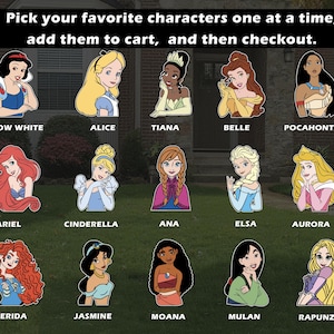 May include: A collection of 12 cartoon character images of Disney princesses, including Snow White, Ariel, and Cinderella, with the text "Pick your favorite characters one at a time, add them to cart, and then checkout."