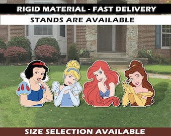 May include: Four colorful cutouts of Disney princesses: Snow White, Cinderella, Ariel, and Belle. The princesses are depicted in their iconic outfits, with the text "RIGID MATERIAL - FAST DELIVERY STANDS ARE AVAILABLE" and "SIZE SELECTION AVAILABLE" at the top and bottom.