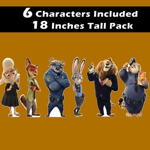 Puede incluir: Seis personajes de cart&oacute;n de 45,7 cm de alto de la pel&iacute;cula Zootr&oacute;polis. Los personajes son Judy Hopps, Nick Wilde, el jefe Bogo, Flash, Mr. Big y Duke Weaselton.