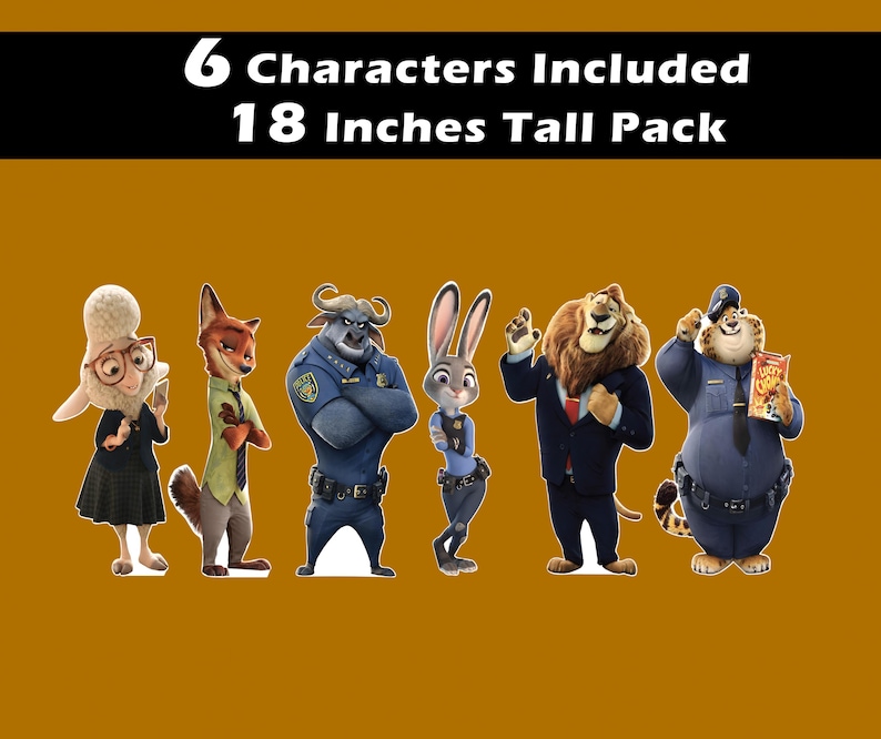Puede incluir: Seis personajes de cart&oacute;n de 45,7 cm de alto de la pel&iacute;cula Zootr&oacute;polis. Los personajes son Judy Hopps, Nick Wilde, el jefe Bogo, Flash, Mr. Big y Duke Weaselton.