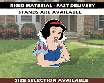 May include: A Snow White yard sign with a red bow, blue and white dress, and black hair. The sign is on a green lawn with text that reads "RIGID MATERIAL - FAST DELIVERY", "STANDS ARE AVAILABLE", and "SIZE SELECTION AVAILABLE".